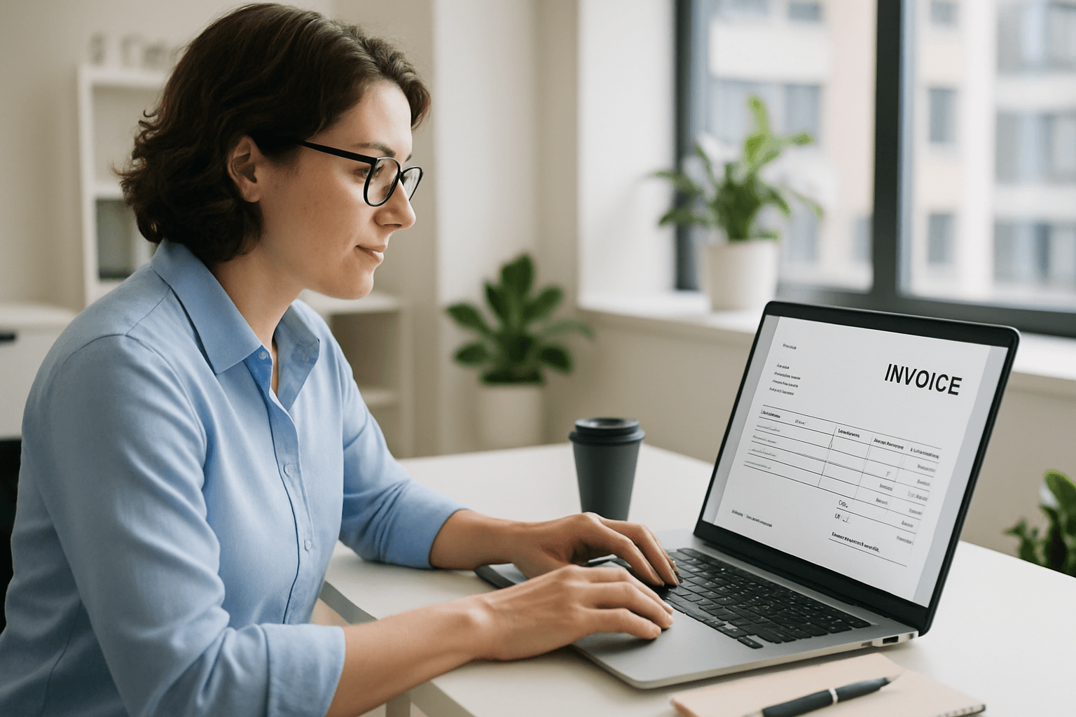 A freelancer creating an invoice on a laptop in a modern home office setting.