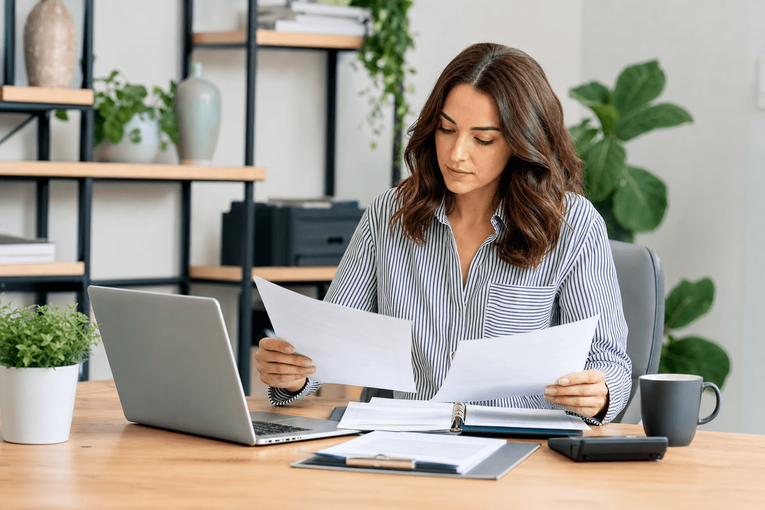 Freelancer reviewing invoices and tax forms at a desk with a laptop and paperwork.