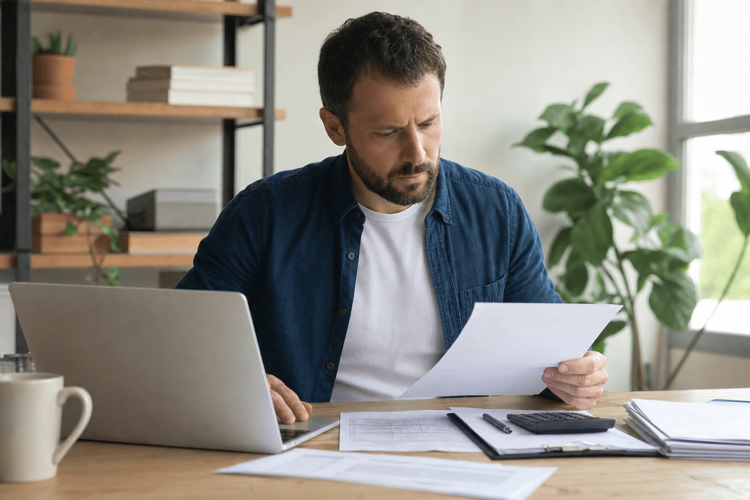 Small business owner reviewing contractor invoices, payment records, and tax forms on a desk