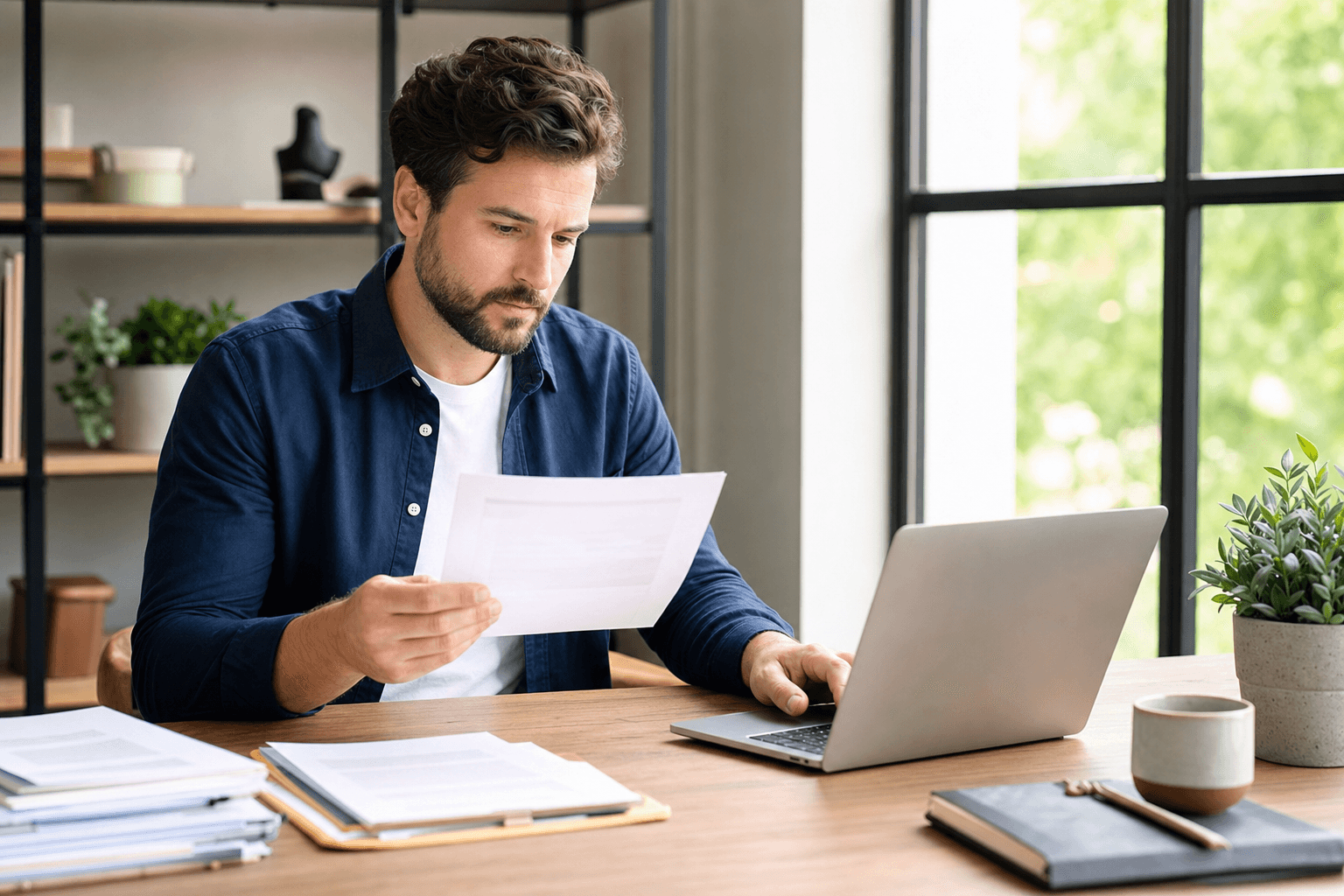 A freelancer reviewing a professional invoice at a modern desk, with a laptop, documents, and coffee cup.