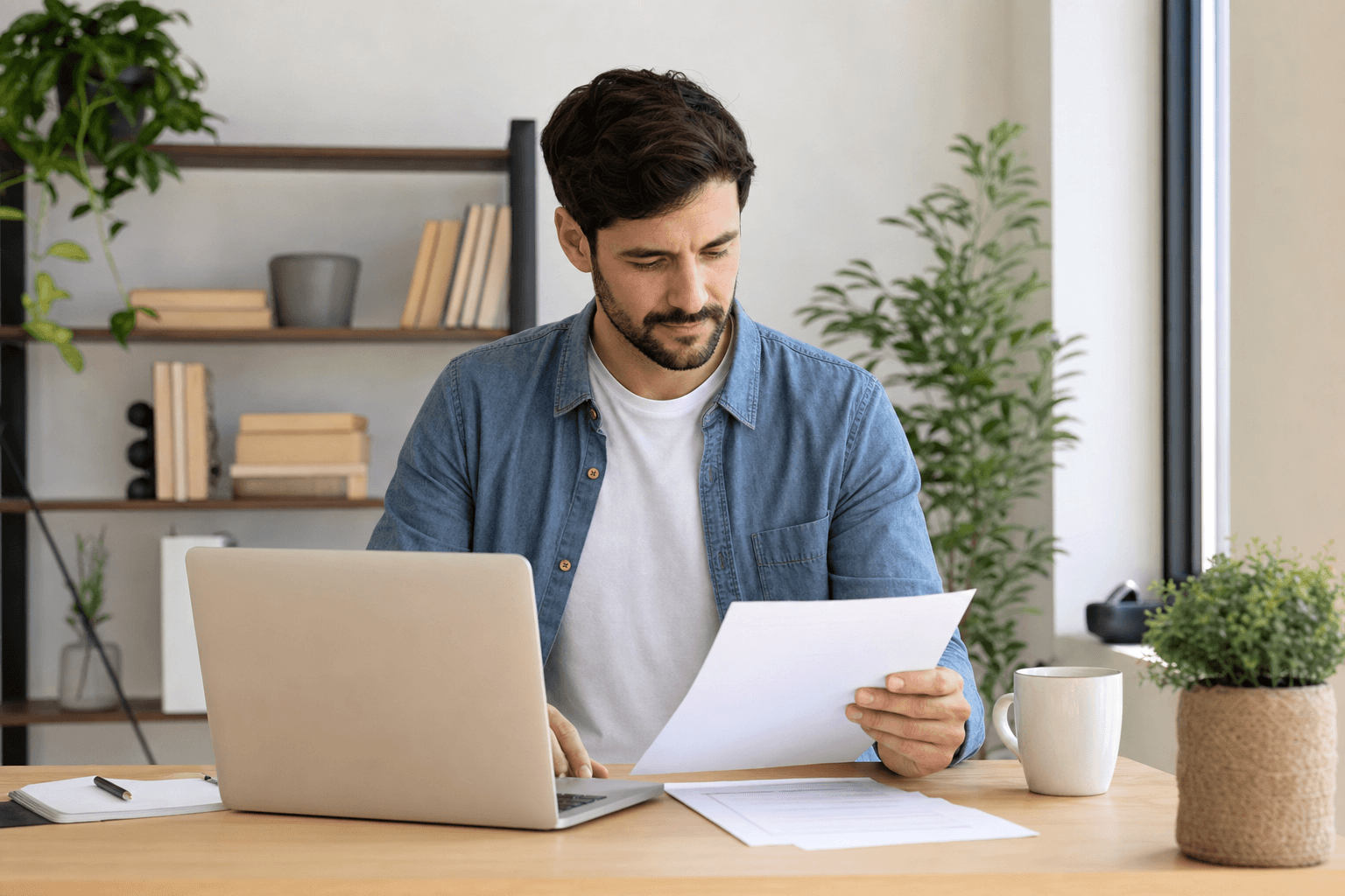 A freelancer at a modern desk reviewing invoice payment terms on a laptop.