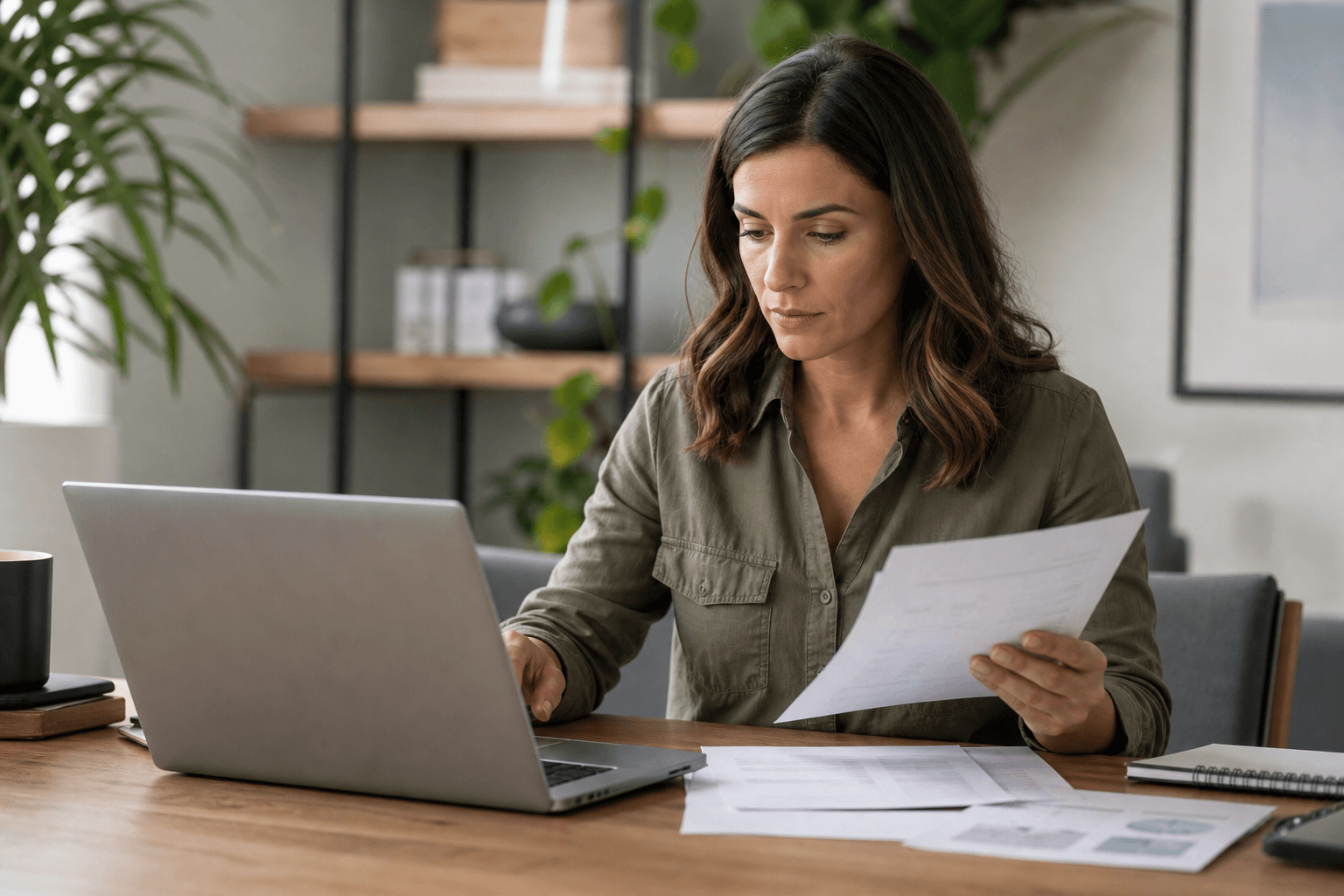 Freelancer reviewing contract terms and late payment penalties on a laptop at a desk.