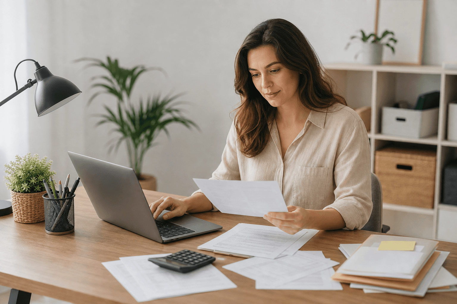 Freelancer preparing a professional invoice on a laptop at a tidy desk, with paperwork and tax documents visible.