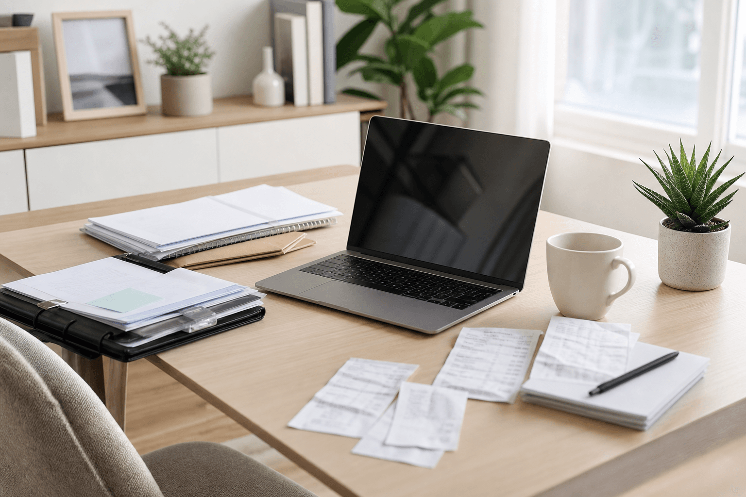 Modern home office setup with a laptop, paperwork, and business receipts on a desk, representing freelancer tax deductions